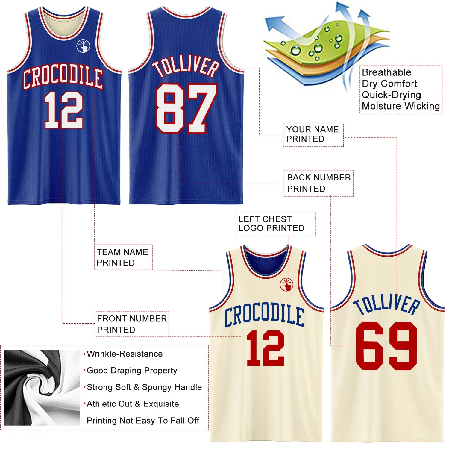Custom Reversible Royal White-Red Double Side Basketball Jersey
