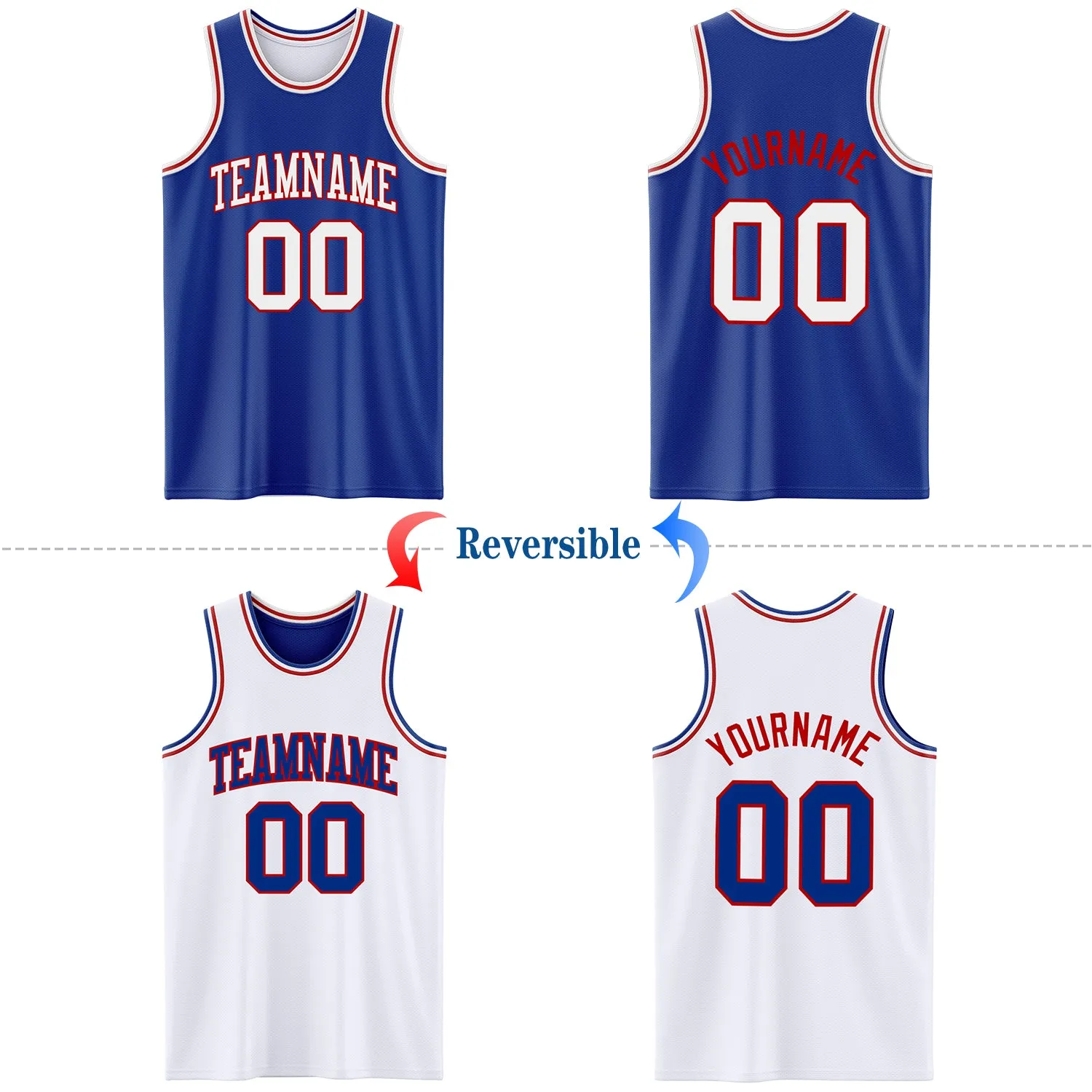 Custom Reversible Royal White-Red Double Side Basketball Jersey