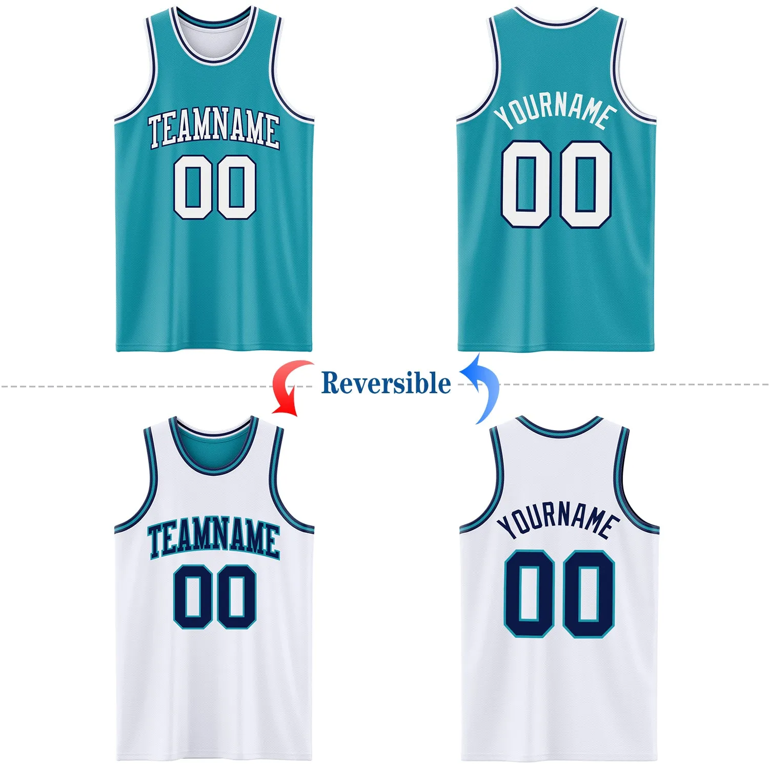 Custom Reversible Teal White-Navy Double Side Basketball Jersey