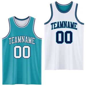 Custom Reversible Teal White-Navy Double Side Basketball Jersey