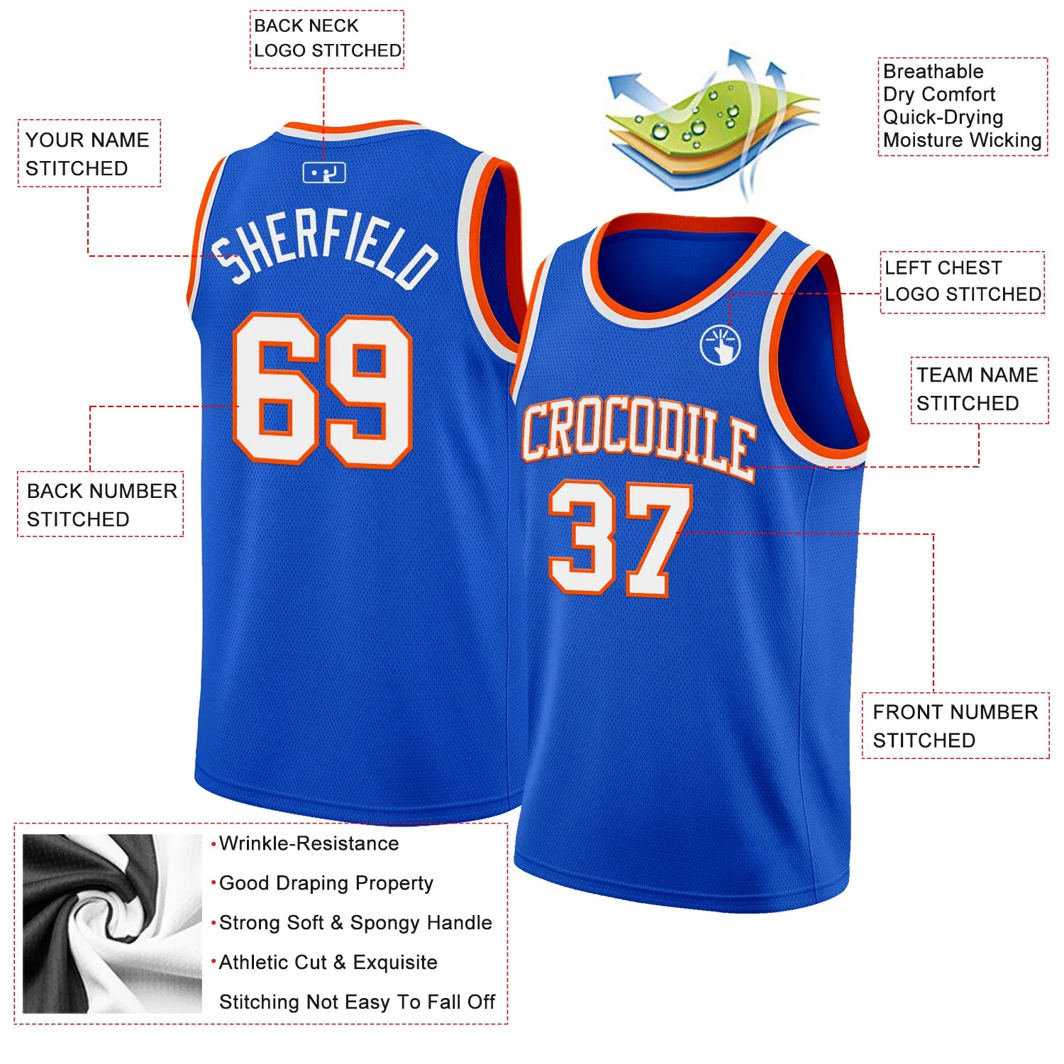 Custom Thunder Blue White-Orange Authentic Basketball Jersey