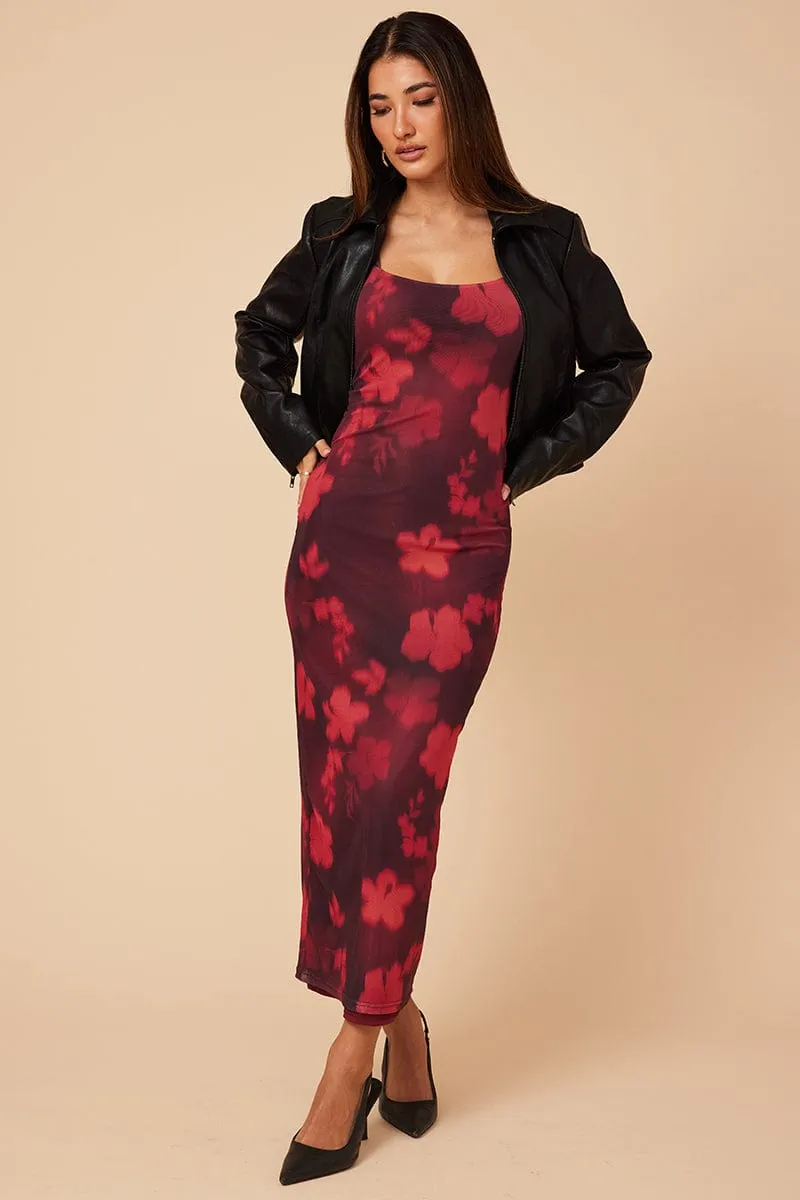 Red Floral Bodycon Dress Maxi Mesh